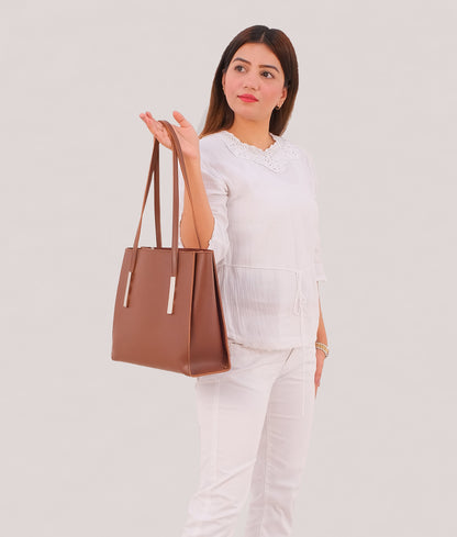 Brown zipper shoulder bag with long handle