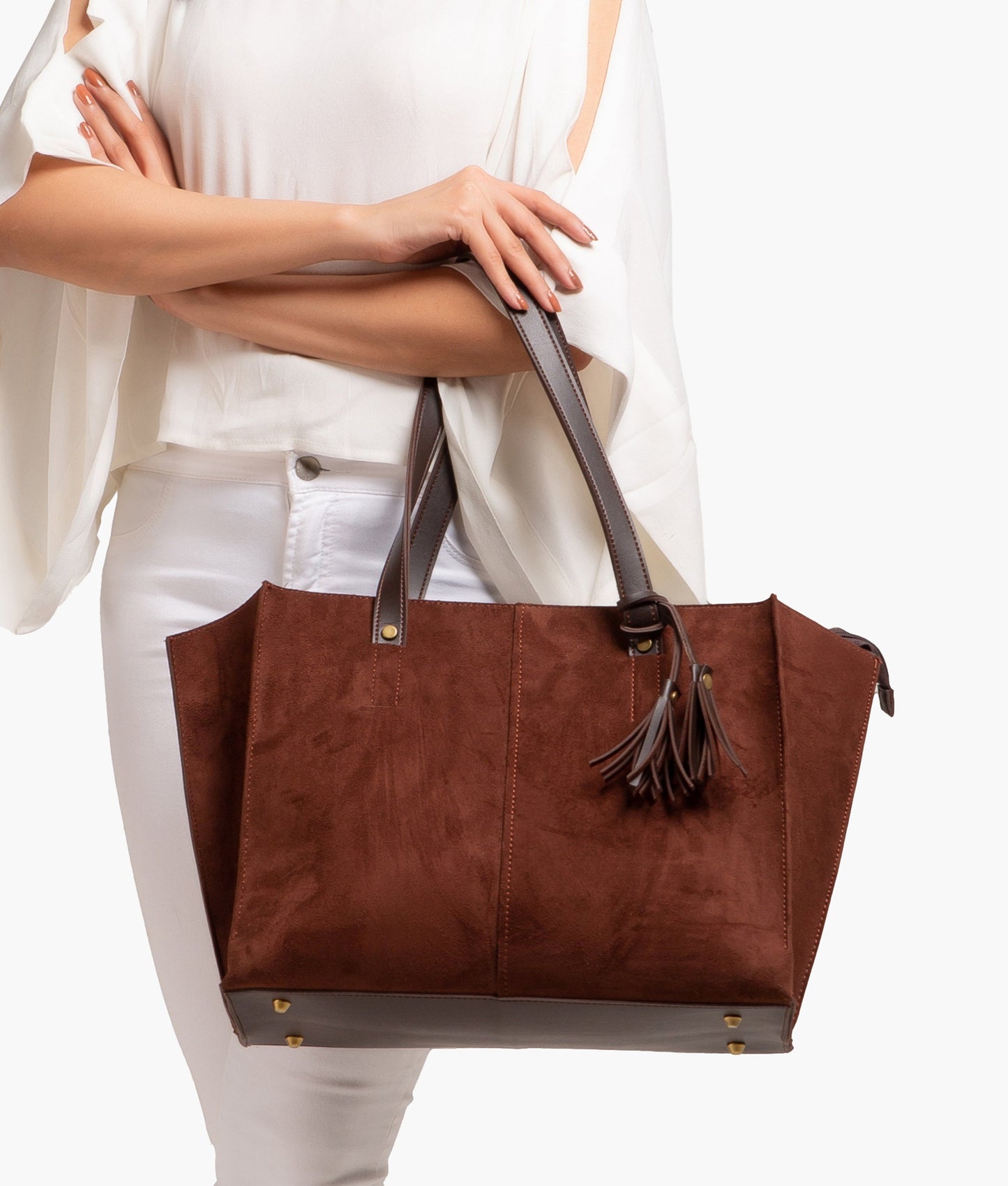 Dark brown suede over the shoulder tote bag