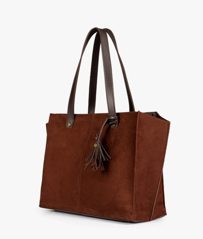 Dark brown suede over the shoulder tote bag