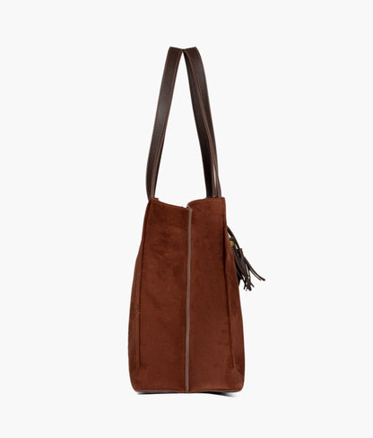 Dark brown suede over the shoulder tote bag